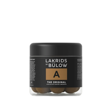 Load image into Gallery viewer, A jar of LakrĂds by BĂĽlow 'The Original' chocolate covered love bites, featuring a matte black lid and label with a gold accent block, set against a plain white background.