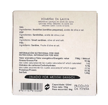 Load image into Gallery viewer, Ar de Arte reverse side of box for roasted sardines in olive oil, Galicia, Spain.