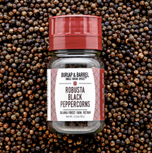 Load image into Gallery viewer, Burlap & Barrel Robusta Whole Black Peppercorns in Grinder Jar