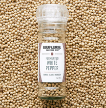 Load image into Gallery viewer, Grinder Jar of Burlap &amp; Barrel Fermented Whole White Peppercorns
