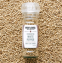 Load image into Gallery viewer, Grinder Jar of Burlap & Barrel Fermented Whole White Peppercorns