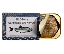 Load image into Gallery viewer, Box of Fangst tinned smoked Norwegian Sea herring with white pepper and ramps.