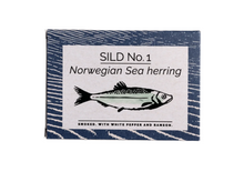 Load image into Gallery viewer, Box of Fangst tinned smoked Norwegian Sea herring with white pepper and ramps.