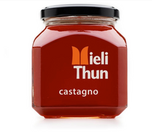 Load image into Gallery viewer, Large square glass jar of Mieli Thun's Italian  raw, single flora, deep amber chestnut honey, 250 g.