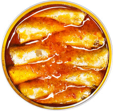 Load image into Gallery viewer, Open tin of ABC+ horse mackerel fish in brava sauce.   Portugal.