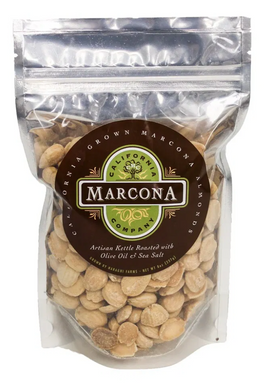 California Marcona Company.  Artisan kettle roasted with olive oil and sea salt.  Clear front foil bag.