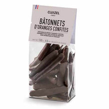 Load image into Gallery viewer, Cluizel Chocolate Covered Orange Strips in Clear Bag with White Label.