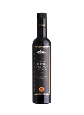 Black Glass Bottle of De Carlo Torre di Mossa 100% Coratina Extra Virgin Olive Oil from Bari, Puglia, Italy