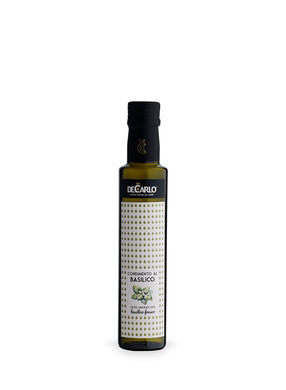 Dark Glass Bottle with White Label of De Carlo Basil Extra Virgin Olive Oil from Puglia,  Italy