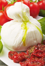 Load image into Gallery viewer, De Carlo Sun-Kissed Cherry Tomatoes, Basil , and Extra Virgin Olive Oil Being Poured on a Ball of Fresh Burrata Mozzarella