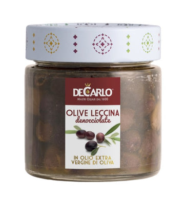 Pitted Leccina olives in extra virgin olive oil from De Carlo.