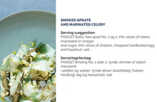 Load image into Gallery viewer, Recipe card of smoked sprats (Nordic sardine) and marinated celery root.