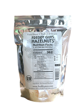 Load image into Gallery viewer, Freddy Guys roasted Oregon hazelnuts, clear/foil zip bag, back.