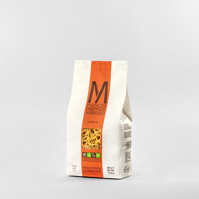 white and orange pasta bag of estate grown Curve Pasta from Mancini Pastificio Agricolo, Italy