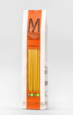 white and orange bag of estate grown Mancini Pastificio Agricolo Spaghettini Pasta, Italy
