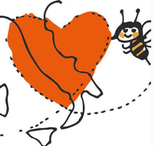 Load image into Gallery viewer, Cartoon of a bee flying around Italy with a big red heart overlapping the country.