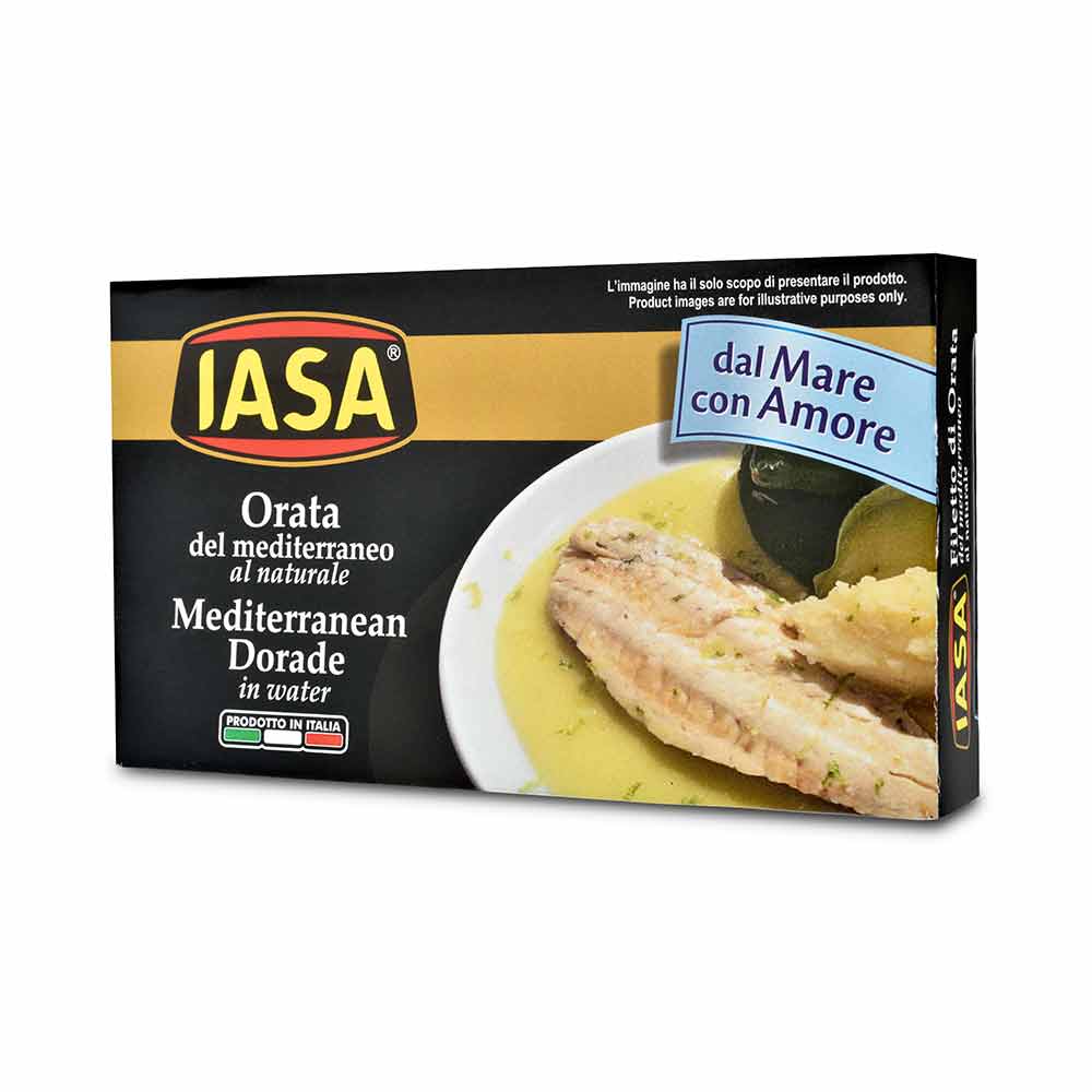 Tin of IASA Mediterranean Dorade in Water, Italy.