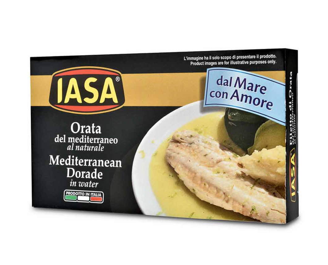 Tin of IASA Mediterranean Dorade in Water, Italy.