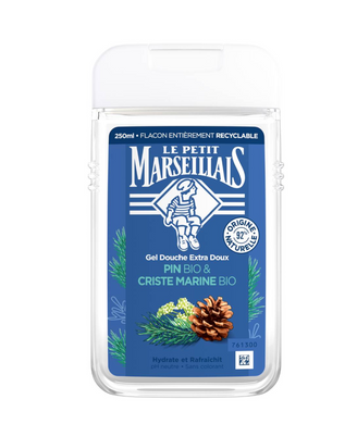 Le Petit Marseillais shower gel packaging with blue label and pine cone illustration on a white background, France