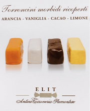Load image into Gallery viewer, Four small unwrapped sweets or chocolates are shown on a white background with text reading 'Torroncini morbidi ricoperti' and flavor notes 'ARANCIA - VANIGLIA - CACAO - LIMONE.' The brand name 'ELIT' appears at the bottom with 'Antica Terroneria Premontse.

