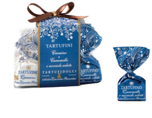 Load image into Gallery viewer, Tartufini Carmel and Hazelnut Combo Truffles in Blue and White box.
