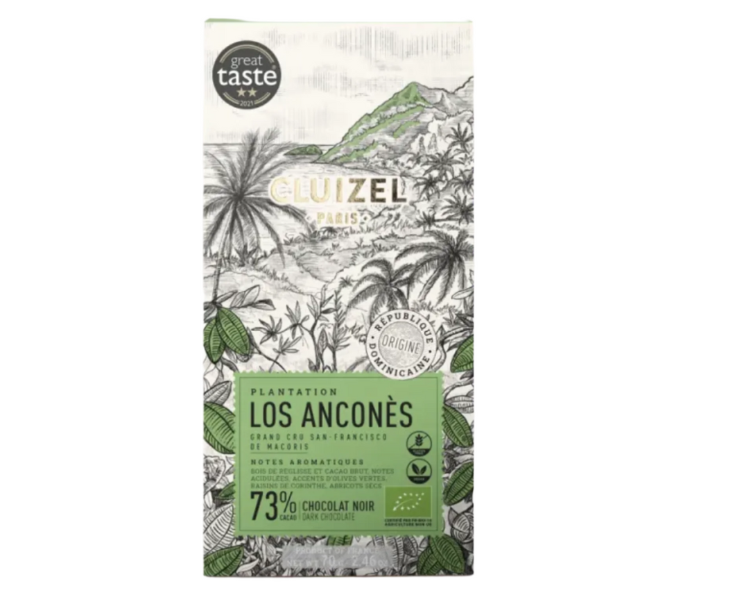 Cluizel 73% dark chocolate Los Ancones Chocolate Bar.  Green, gold and black print on white.  Single Plantation, Dominican Republic.