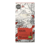 Load image into Gallery viewer, Cluizel&#39;s organic dark chocolate bar, 75% Mokaya.   White box with red, black and gold font.
