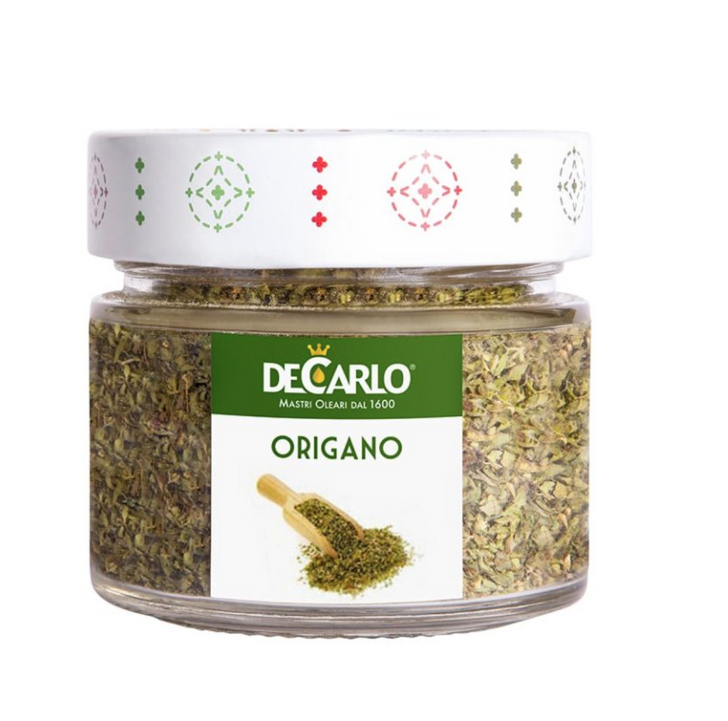 Jar of De Carlo estate grown dried Italian oregano, Italy.