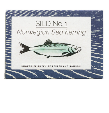 Box of Fangst tinned smoked Norwegian Sea herring with white pepper and ramps.