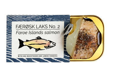 Tin of opened Fangst Faroe Islands salmon with sea buckthorn and lemon verbena.