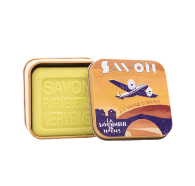 La Savonnerie de Nyons Olive Oil Verbena Soap in Airplane Tin