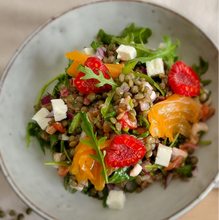 Load image into Gallery viewer, Recipe of lentil salad made with Sabarot Le Puy French Green Lentils.
