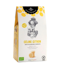 Load image into Gallery viewer, A bag of Generous Céline Citron gluten-free lemon shortbread cookies, featuring a white and yellow packaging design with an illustration of a woman in a hat and glasses.
