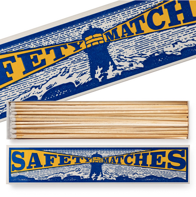 Box of safety matches with blue and yellow labels on a white background, Archivist Gallery