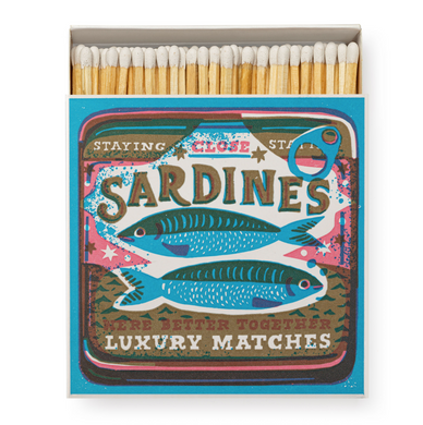 Matches box with sardine design and text on a white background, Better Together Sardines, England