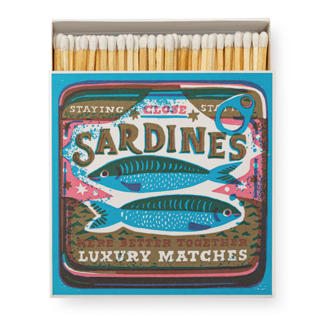 Matches box with sardine design and text on a white background, Better Together Sardines, England