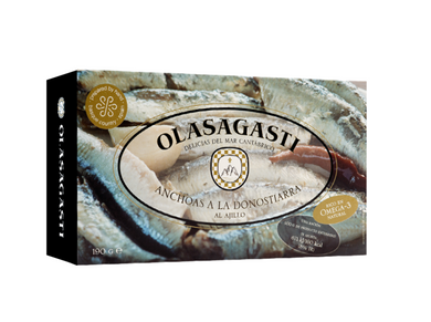 Tin of Olasagasti Basque Anchovies with garlic and cayenne pepper, Spain.