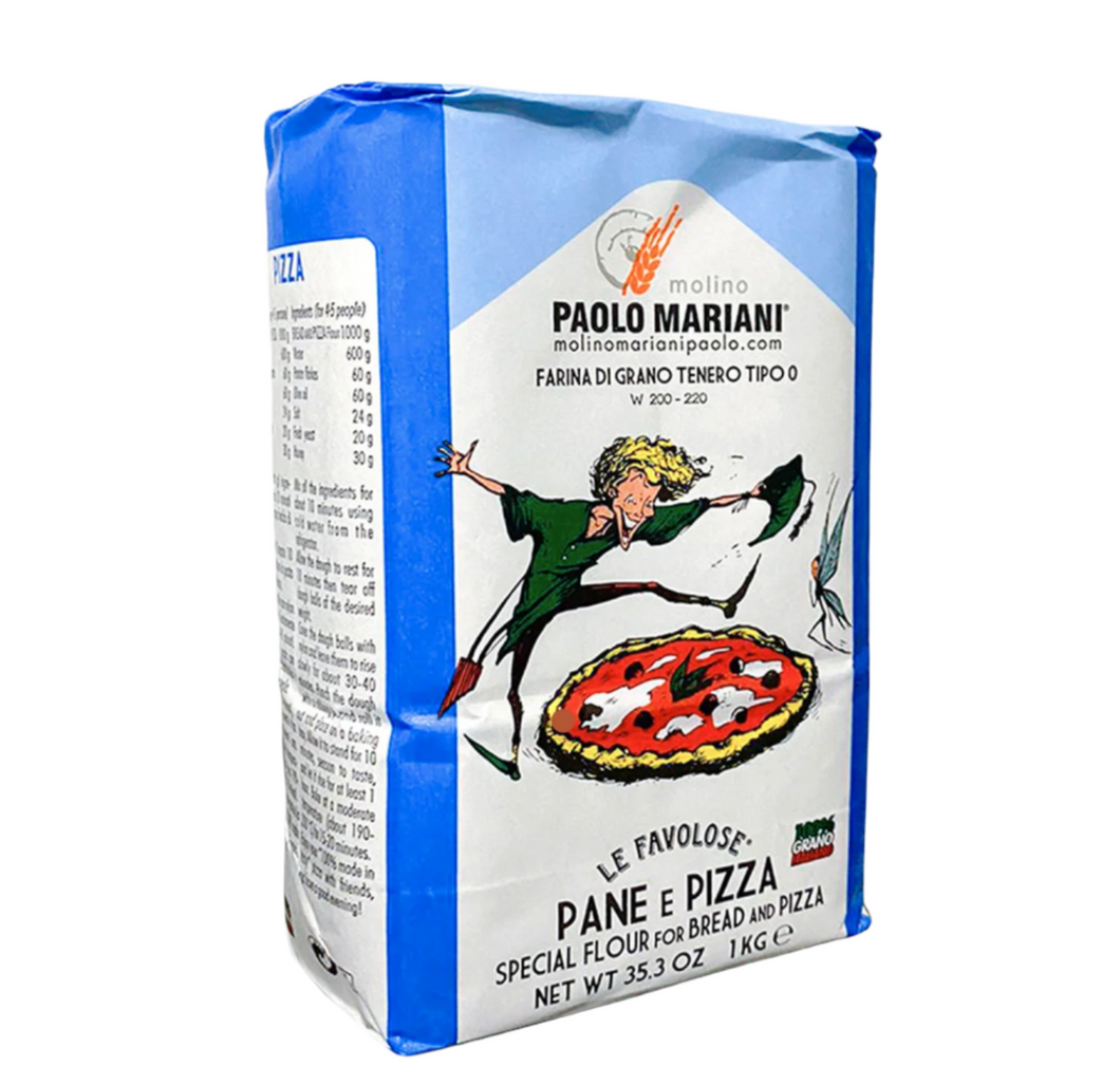 Paolo Mariani Pizza 0 Flour from Italy, Blue White Bag with Cartoon Pizza