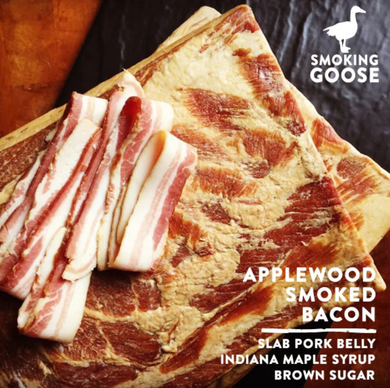 Retail pack of Smoking Goose all natural, nitrate free, applewood smoked bacon (Indianapolis, Indiana).