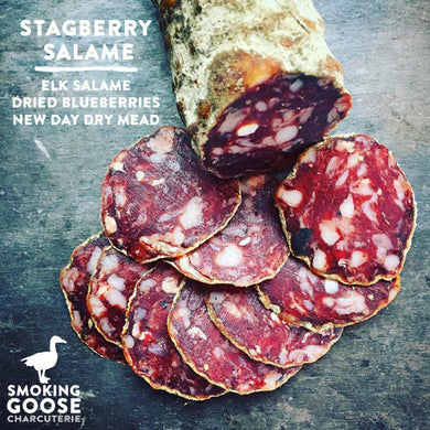 Smoking Goose nitrate free artisan Stagberry salame made with elk and blueberries (Indianapolis, Indiana).
