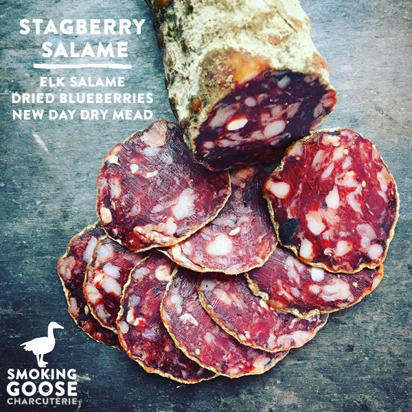 Smoking Goose nitrate free artisan Stagberry salame made with elk and blueberries (Indianapolis, Indiana).