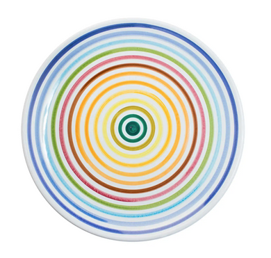 Beautiful and bright rainbow pattern, hand painted, terracotta dinner plates, Puglia, Italy.