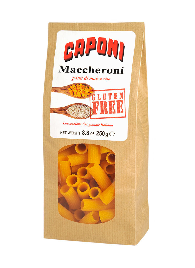 kraft brown bag with clear window of Maccheroncini Hand-Made Gluten Free Dried Pasta from Caponi, Italy