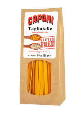 kraft bag with clear window of Tagliatelle Hand-Made Gluten Free Dried Pasta from Caponi, Italy