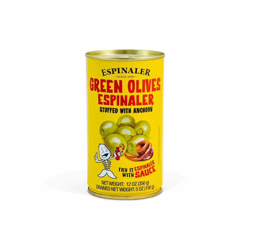 Small yellow can of Espinaler green olives stuffed with anchovy.