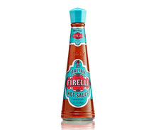 Load image into Gallery viewer, Clear cone shaped glass bottle with teal blue and red lable on white background of Firelli Italian Hot Sauce
