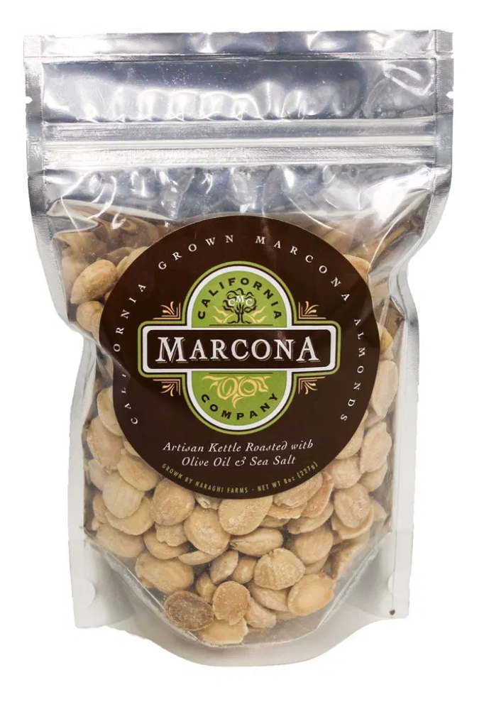 clear front foil bag with california grown roasted and salted marcona almonds