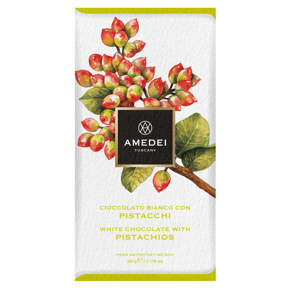 beautiful white cardboard wrapping with an picture of a pistachio tree branch with nuts, Amedei White chocolate bar with Sicilian Pistachios 