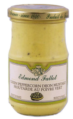 Glass jar of Fallot Green Peppercorn Dijon, on white background.