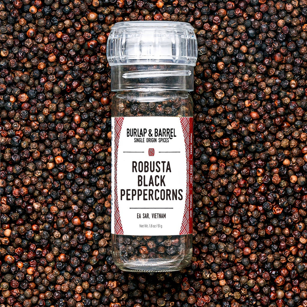 Burlap & Barrel Robusta Black Peppercorns in Grinder Jar